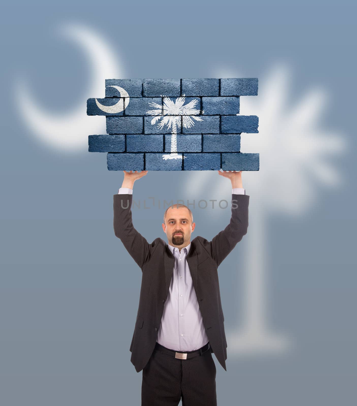 Businessman holding a large piece of a brick wall, flag of South Carolina, isolated on national flag