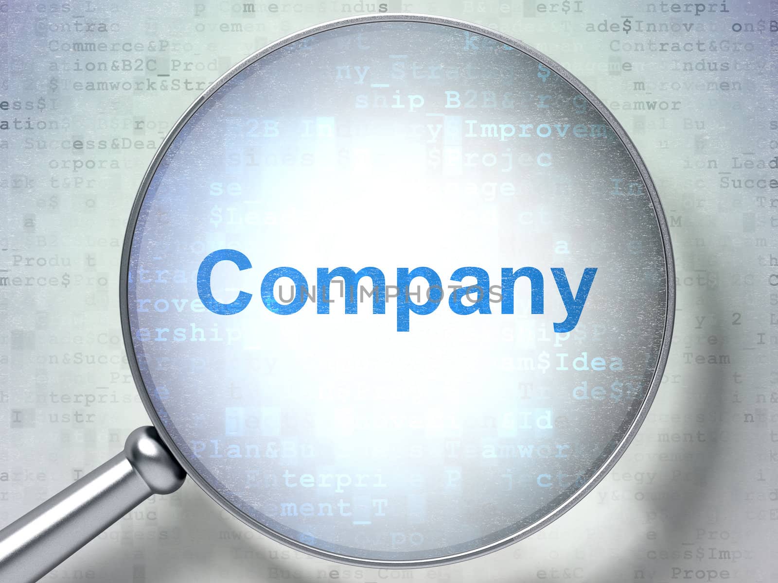 Magnifying optical glass with words Company on digital background, 3d render
