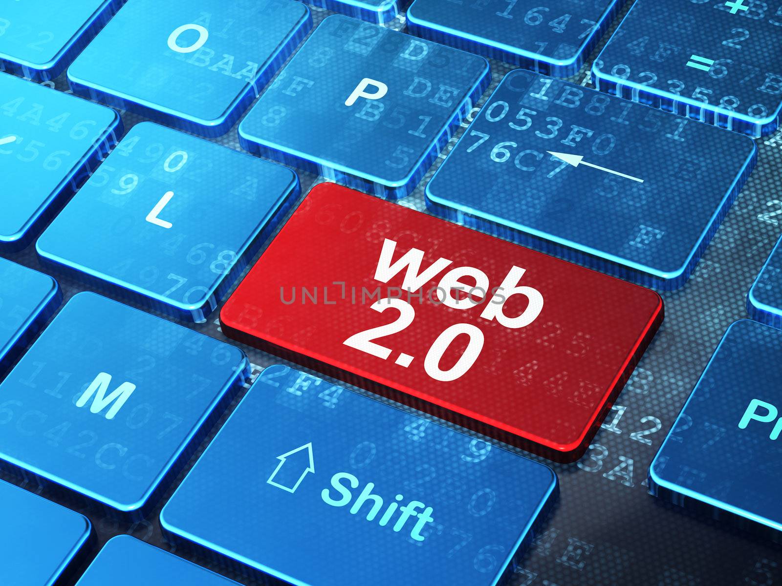 Web design concept: computer keyboard with word Web 2.0 on enter button background, 3d render