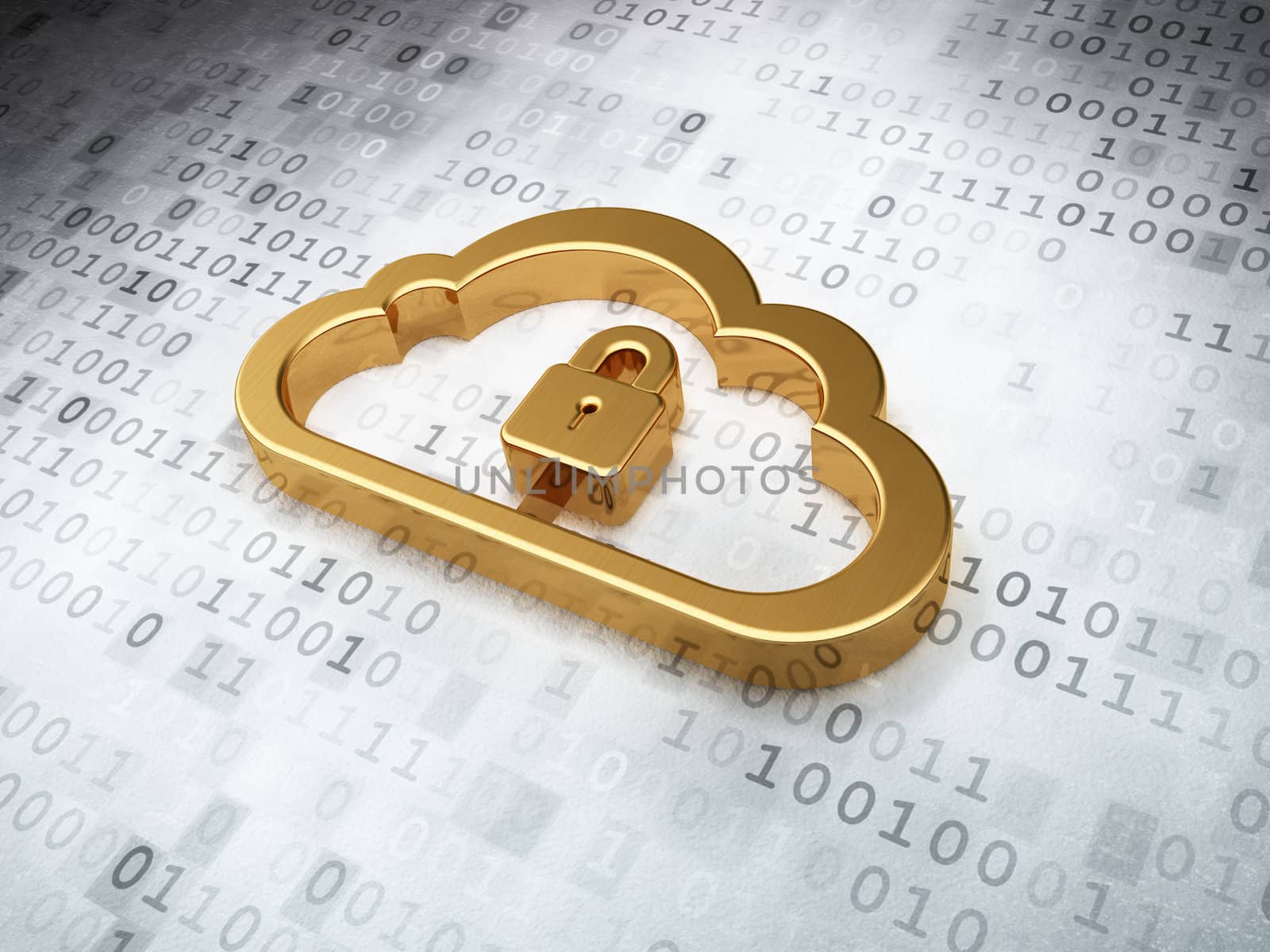 Cloud computing concept: Golden Cloud Whis Padlock on digital background, 3d render