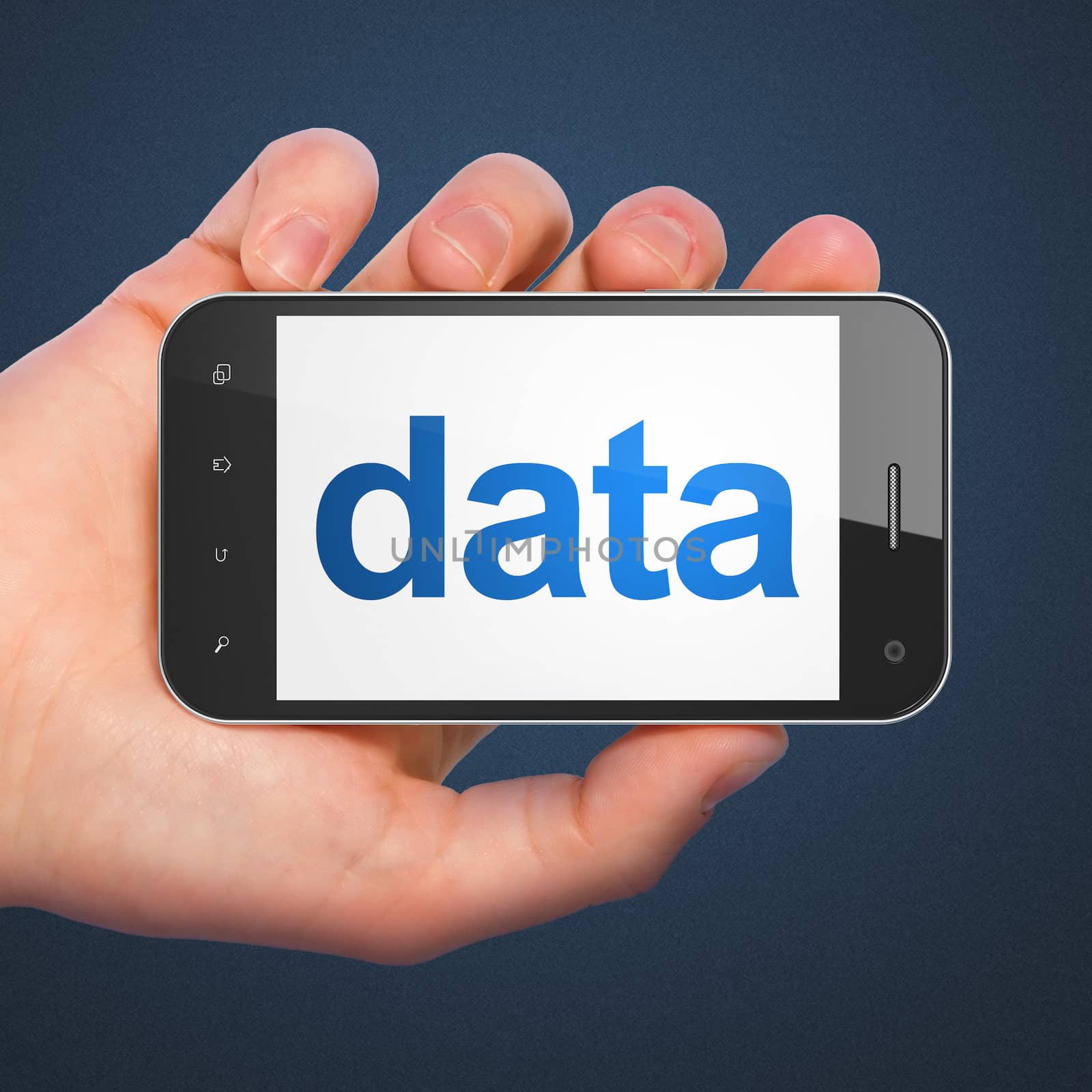 Data concept: hand holding smartphone with word Data on display. Generic mobile smart phone in hand on Dark Blue background.