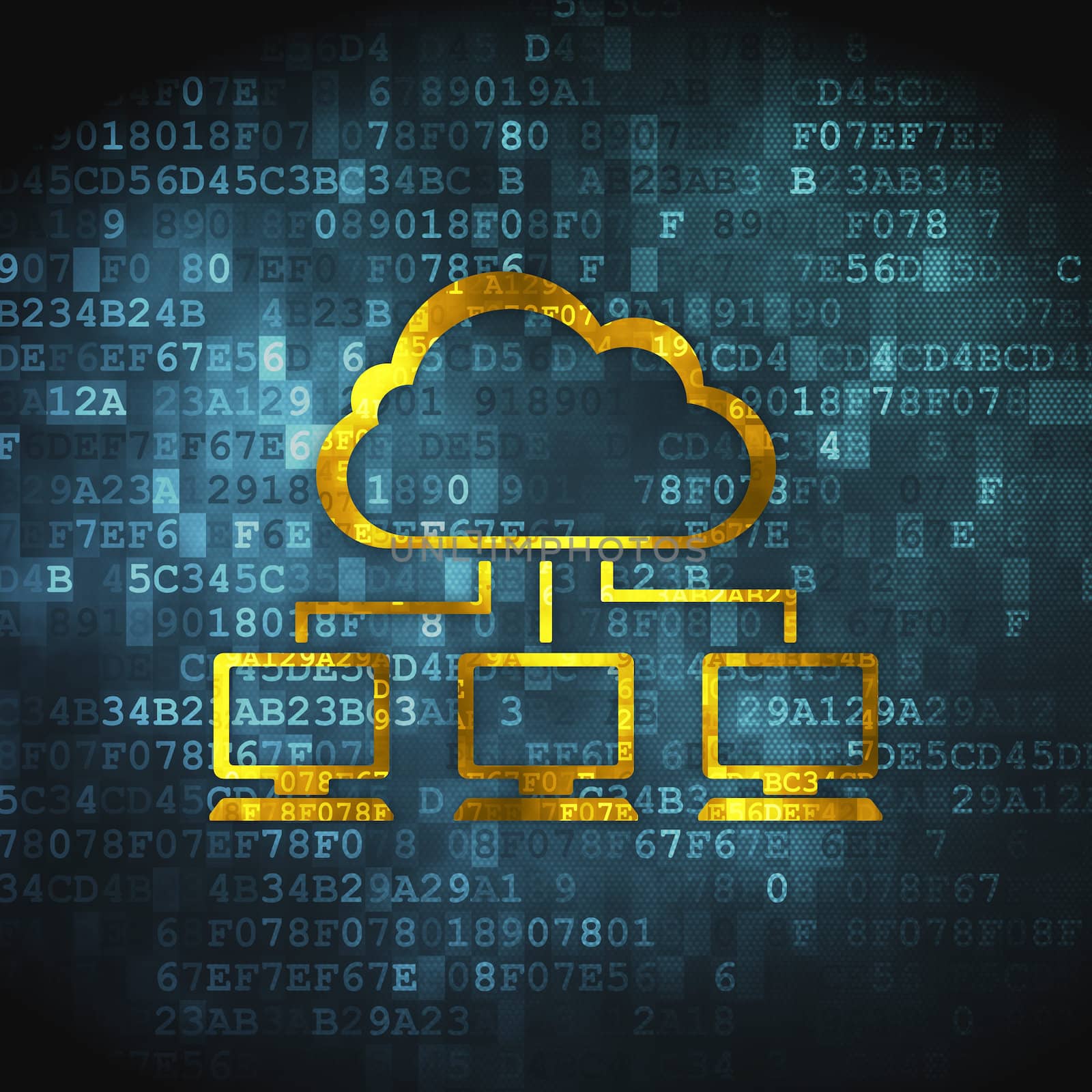 Cloud computing concept: pixelated Cloud Network icon on digital background, 3d render