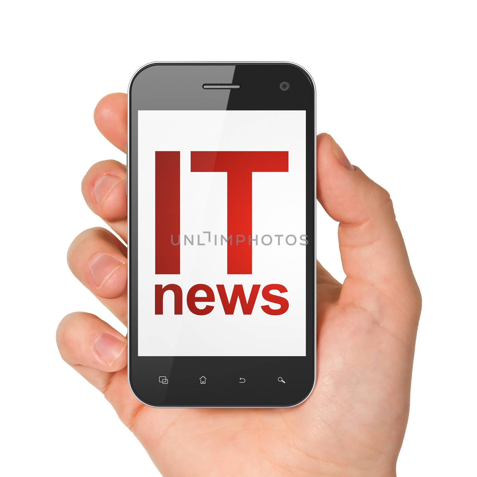 News concept: hand holding smartphone with word IT News on display. Generic mobile smart phone in hand on White background.