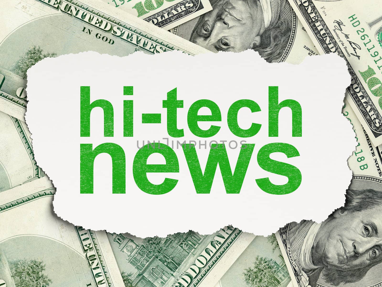 News concept: torn paper with words Hi-tech News on Money background, 3d render