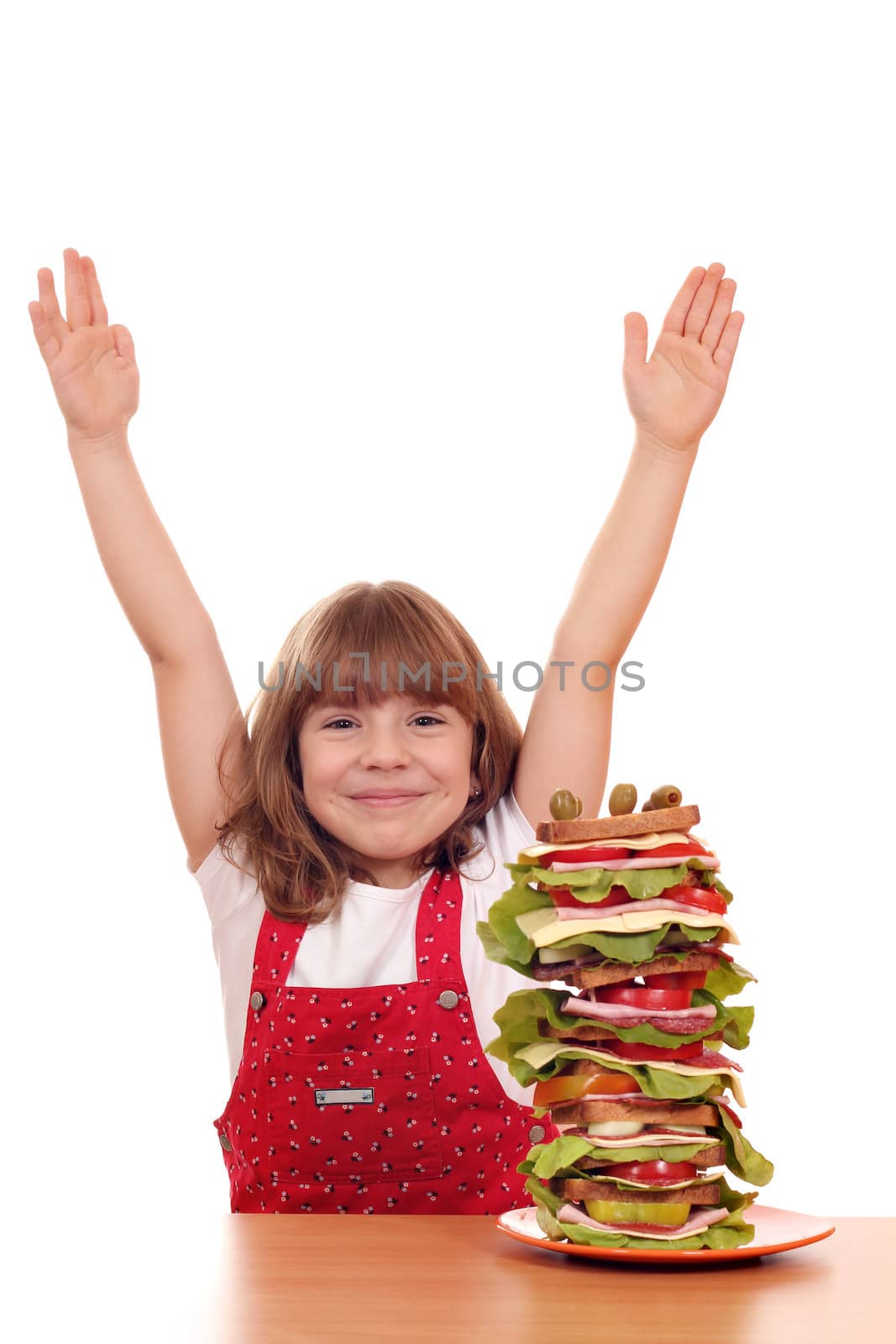 happy little girl with tall sandwich by goce