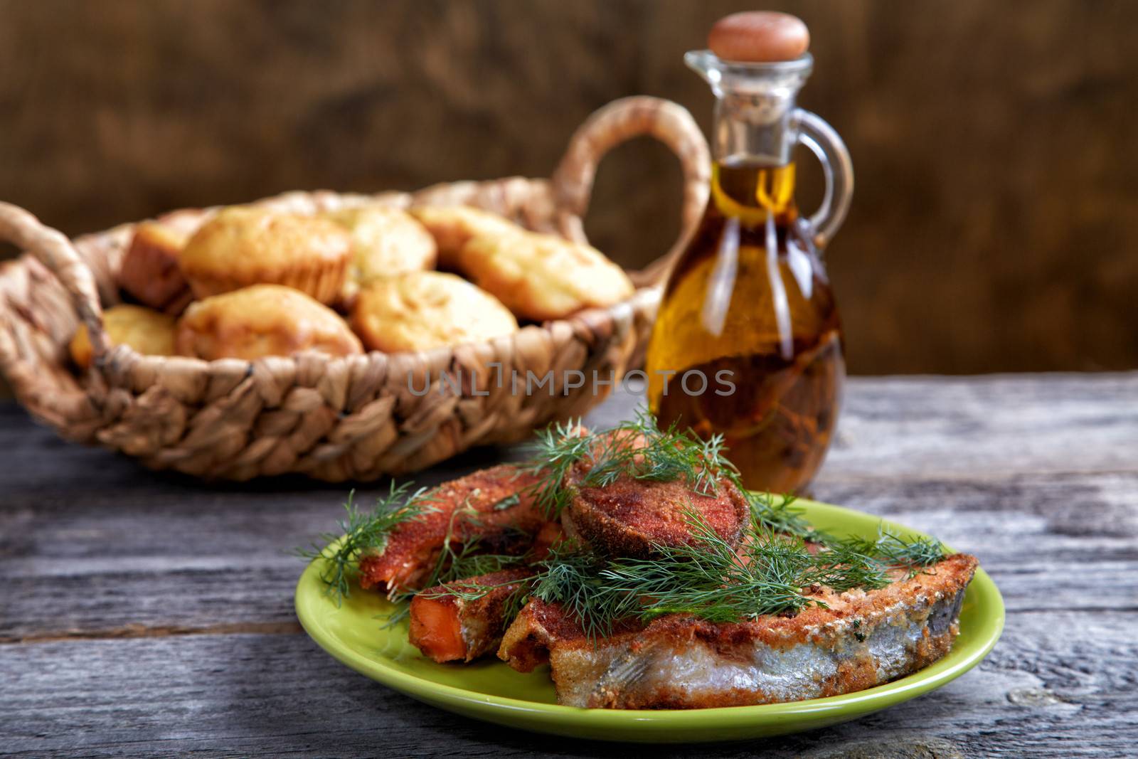 Still-life with fried fish and bread