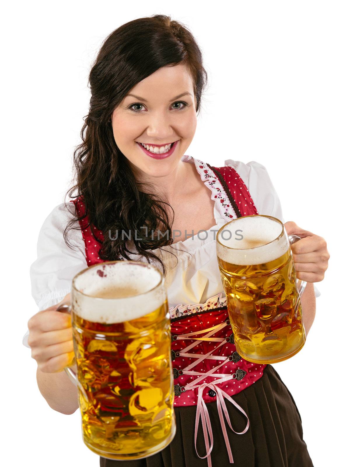 Photo of a beautiful female waitress wearing traditional dirndl and holding huge beers over white background.