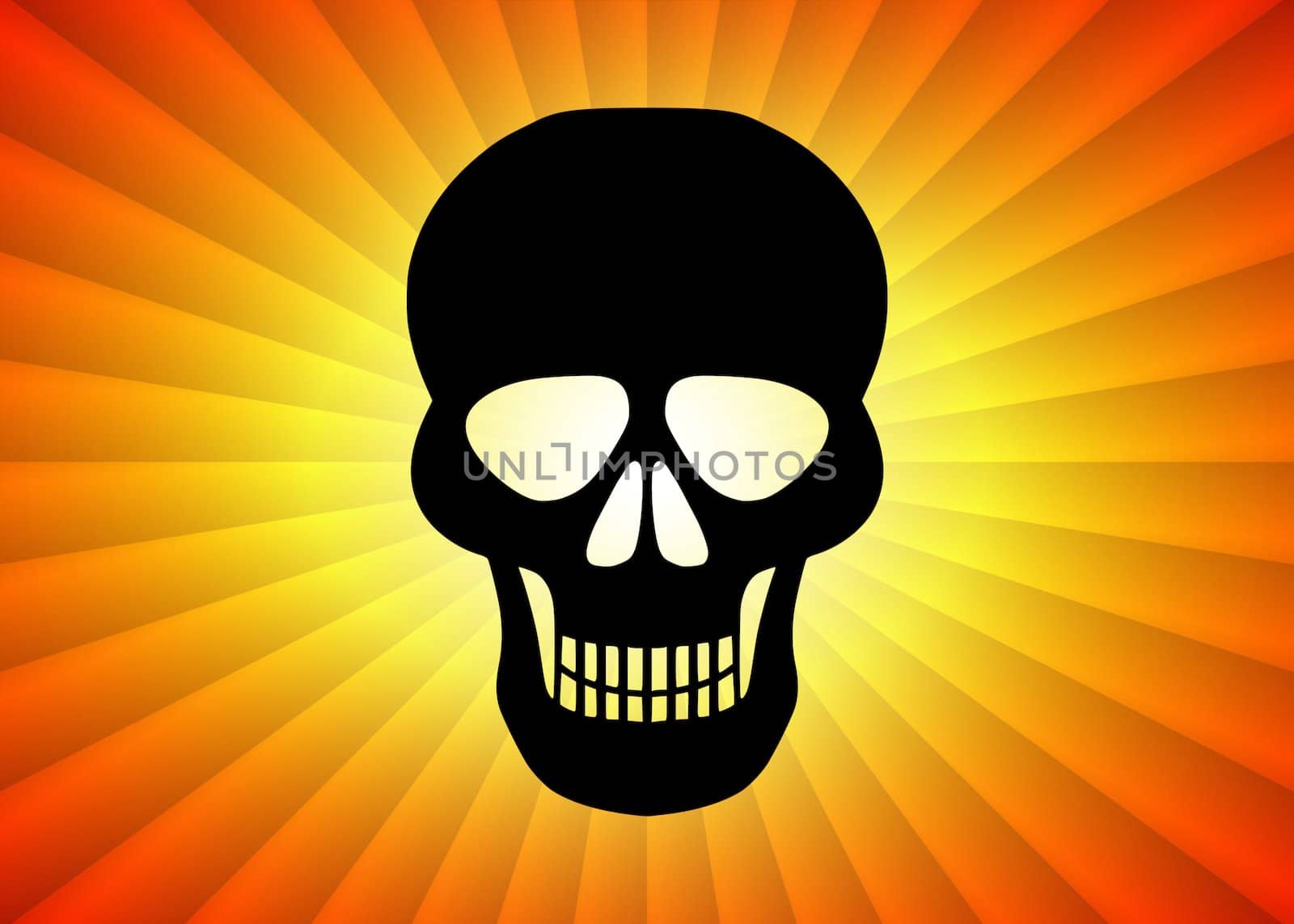 Illustration of a black skull against an orange and yellow background