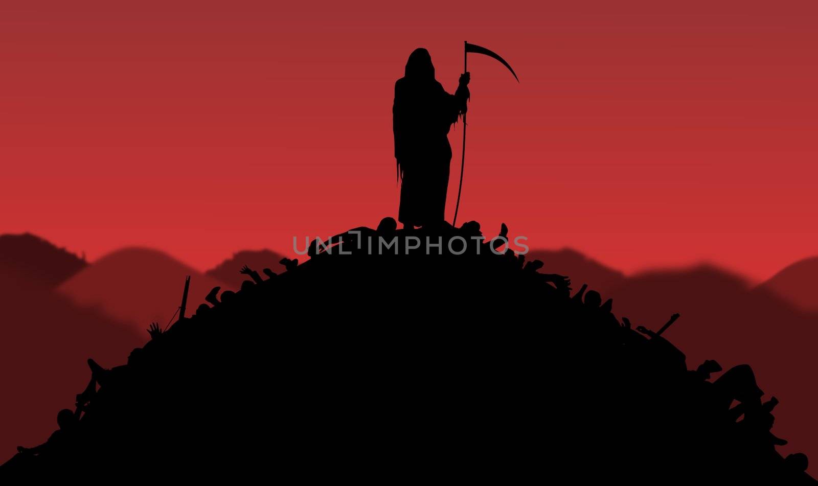 Illustration of the Grim Reaper standing on piles of bodies