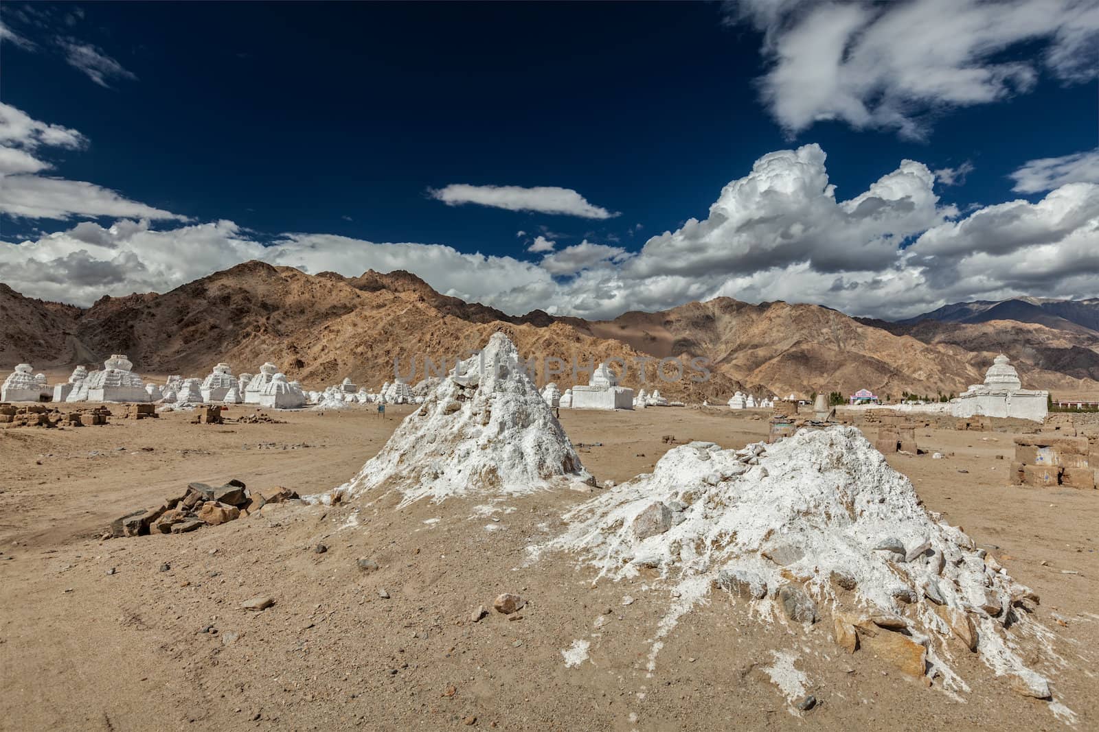 Whitewashed chortens (Tibetan Buddhist stupas). Ladakh, Jammu and Kashmir, India