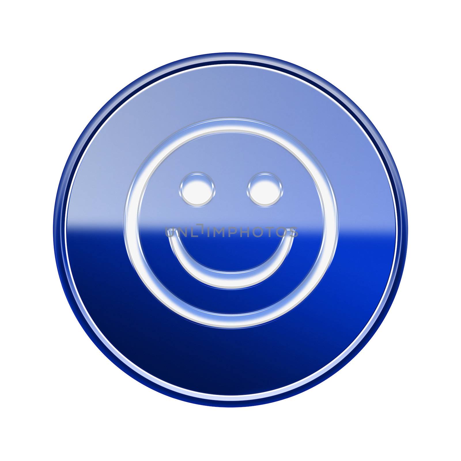 Smiley Face icon glossy blue, isolated on white background.