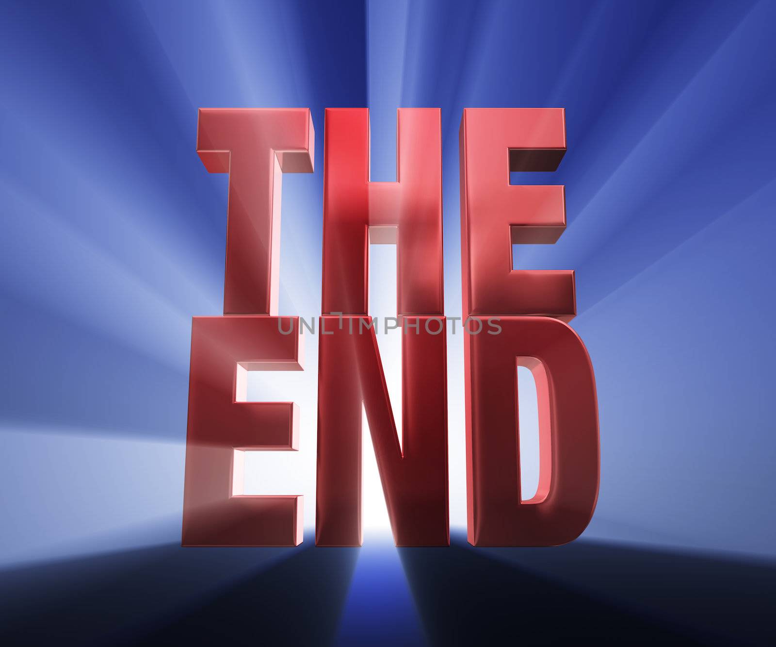 Bold, red "THE END" on a dark blue background brilliantly backlit with light rays shining through.