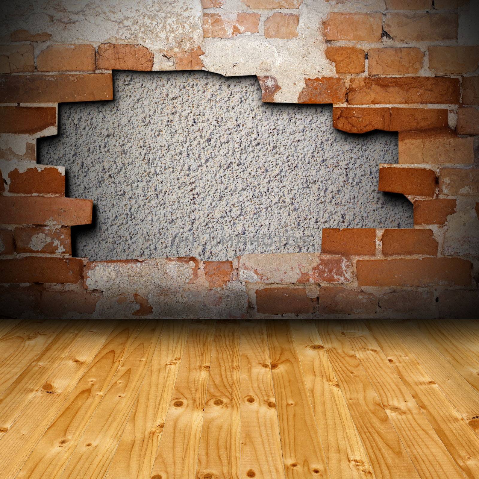 interior architectural background with cracked wall and wooden floor