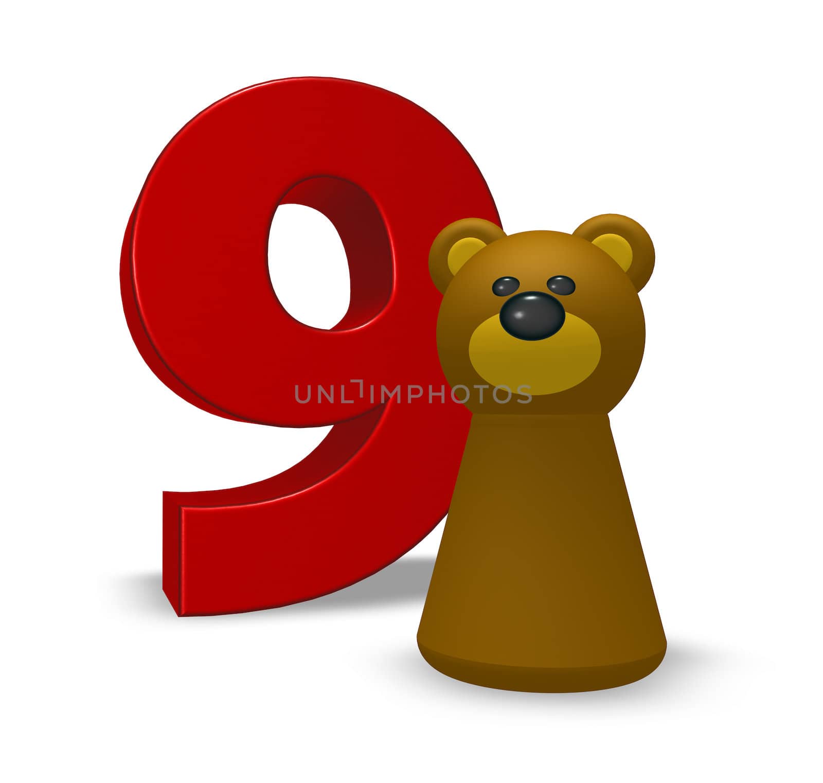 number nine and brown bear - 3d illustration