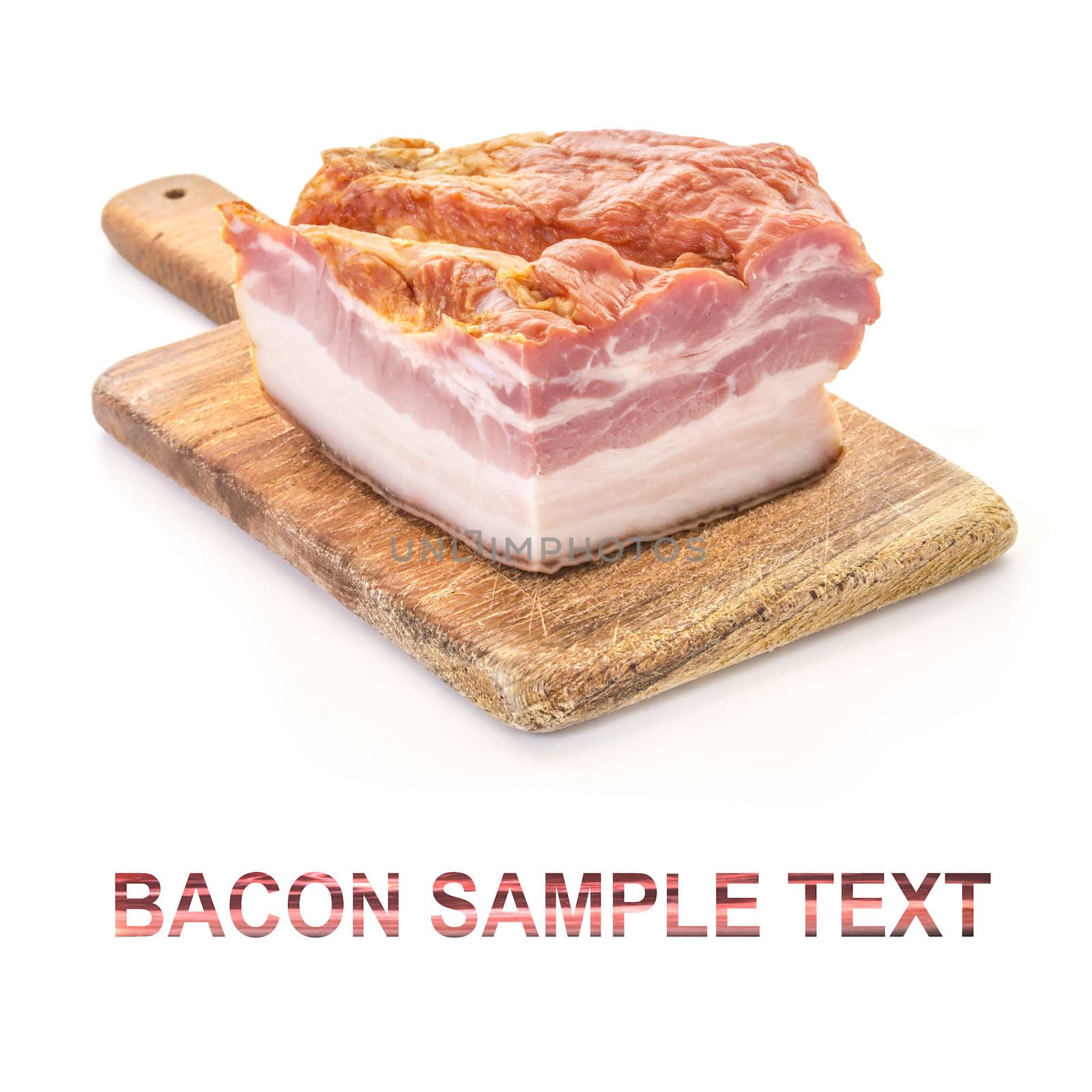 Smoked Bacon on Old Wooden Cutting Board with copy space over white