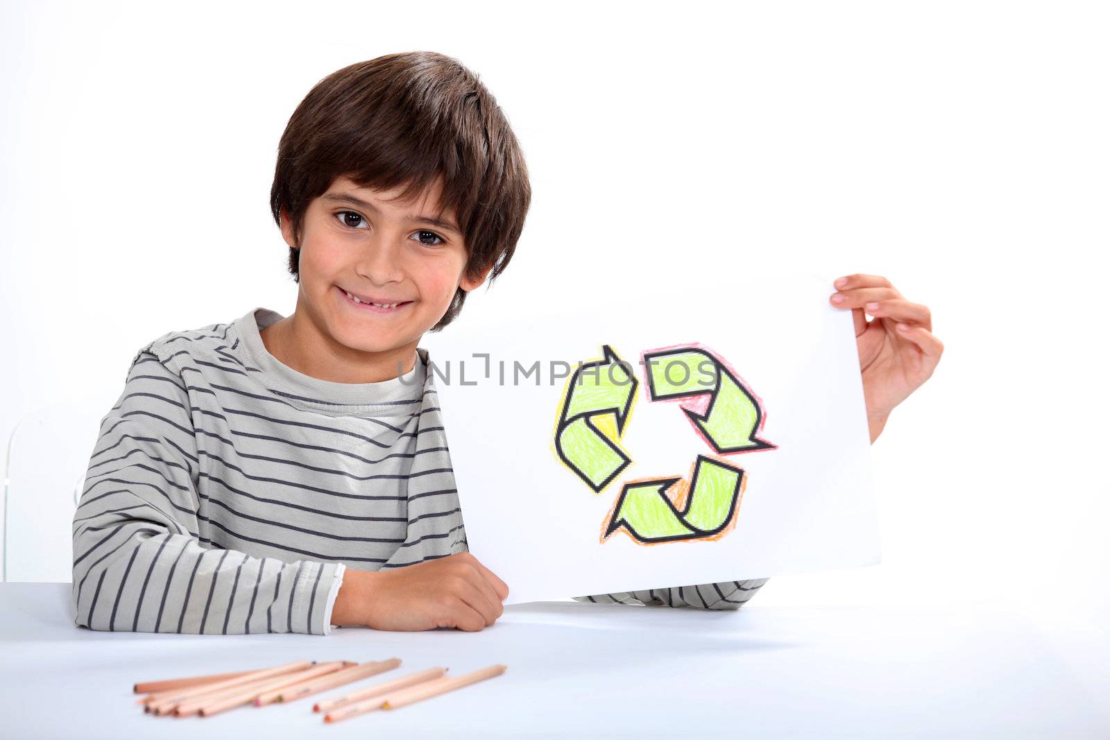 Child drawing recycling symbol