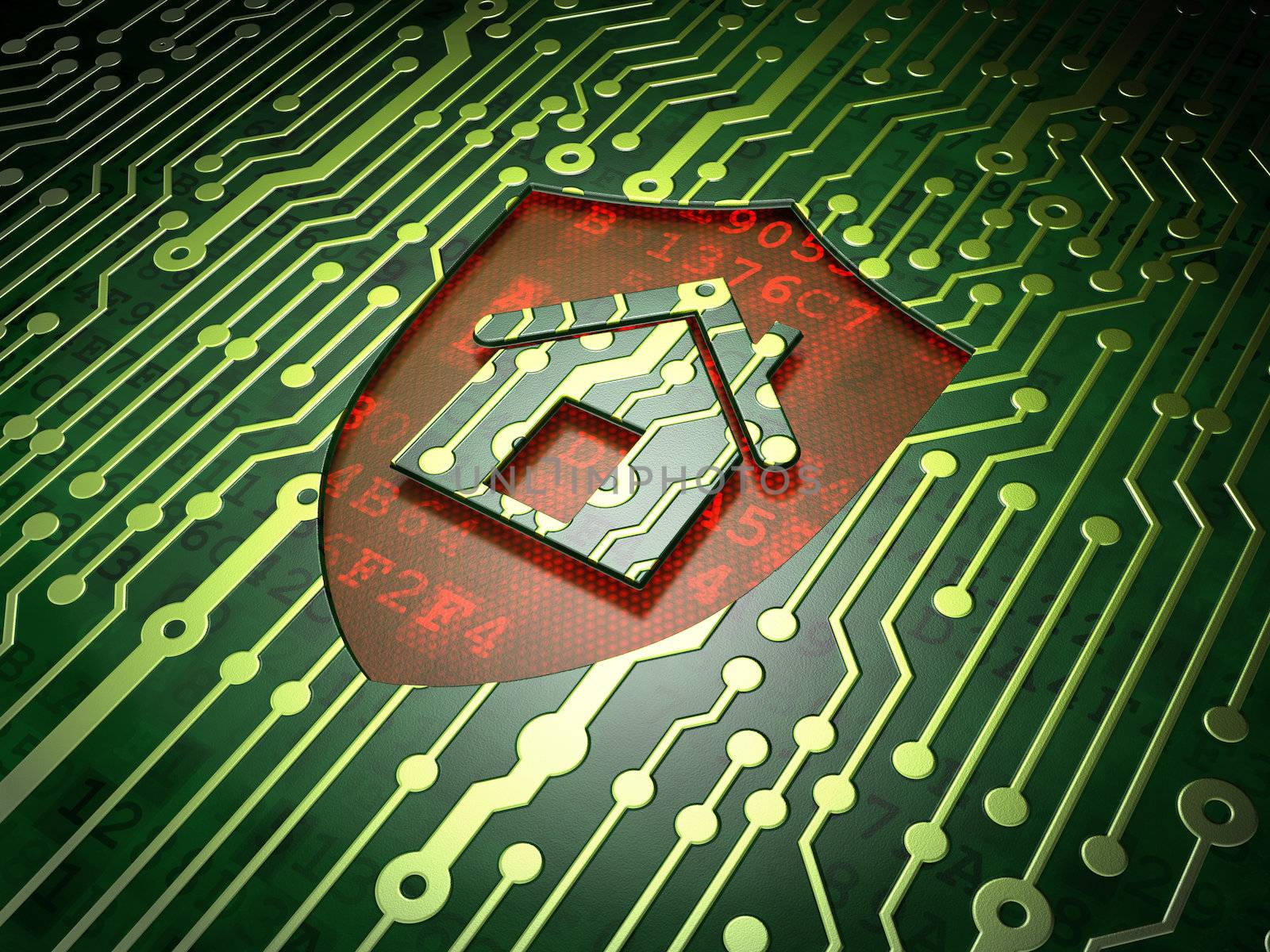 Security concept: circuit board with shield icon, 3d render