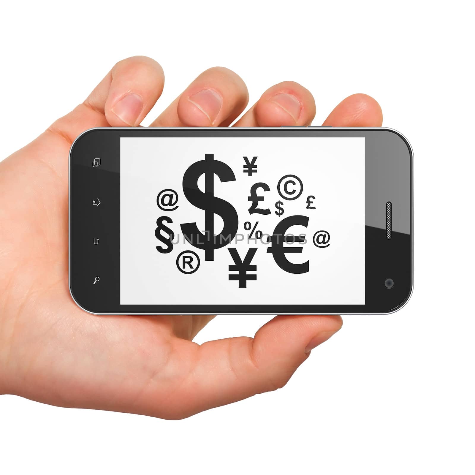 Advertising concept: hand holding smartphone with Finance Symbol on display. Generic mobile smart phone in hand on White background.
