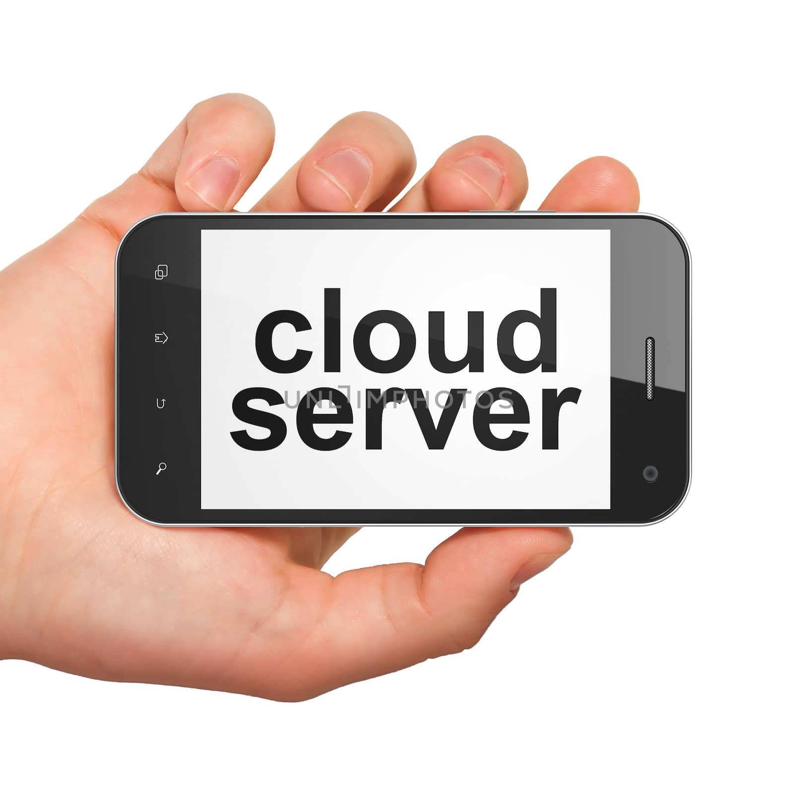 Cloud computing concept: hand holding smartphone with word Cloud Server on display. Generic mobile smart phone in hand on White background.