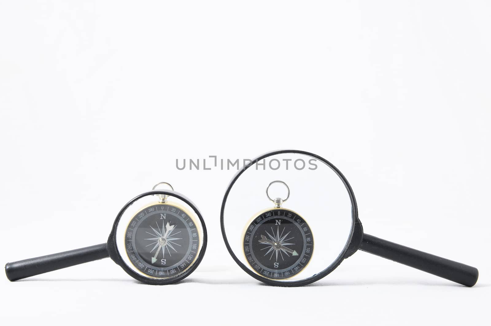 Orientation Concept Magnify Glass and Compass on a White Background