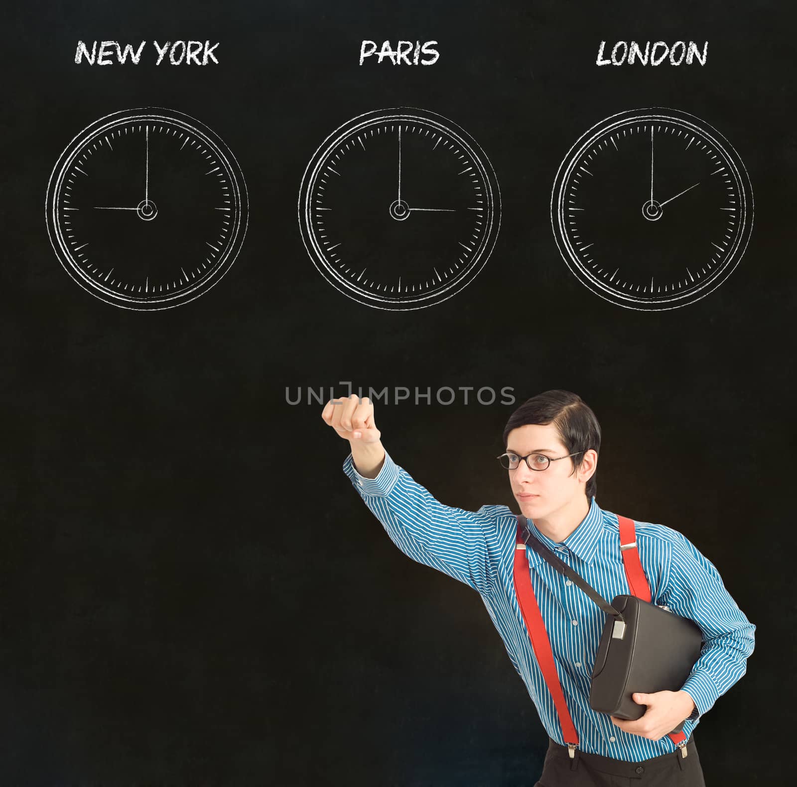 Nerd geek businessman with chalk time difference clocks on blackboard background