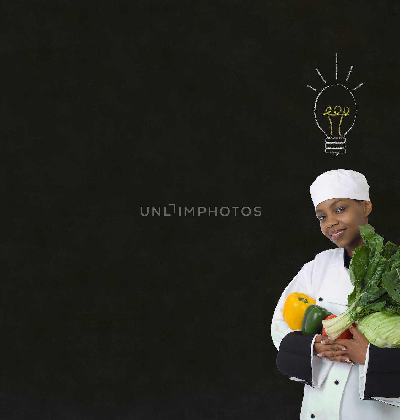 Bright idea lightbulb thinking African or African American woman chef on chalk blackboard background