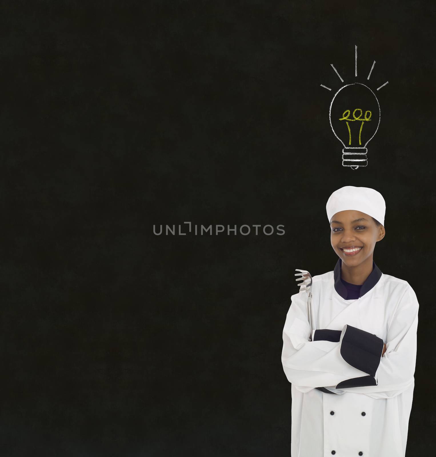 Bright idea lightbulb thinking African or African American woman chef on chalk blackboard background