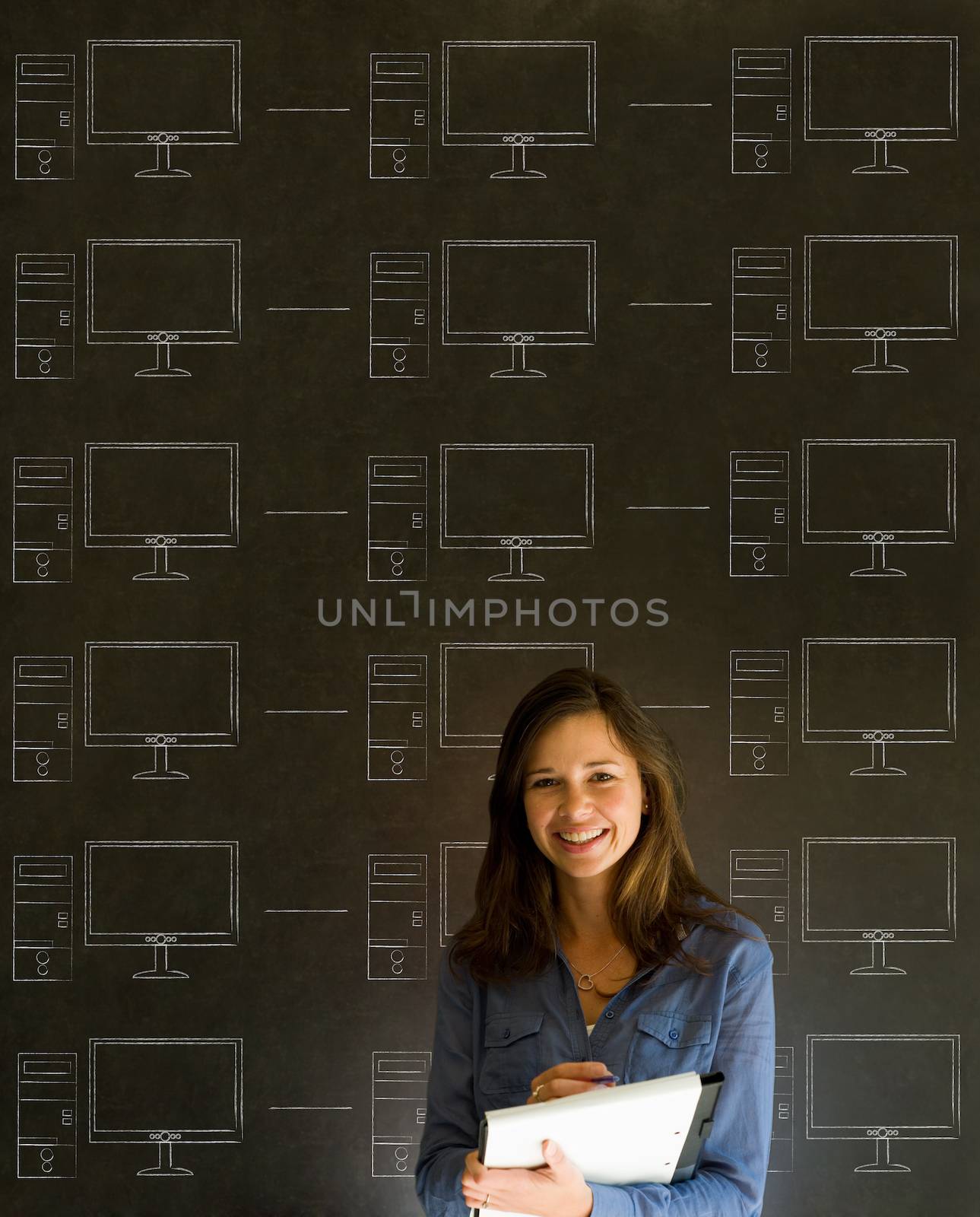 Businesswoman, student or teacher with chalk networks on blackboard background