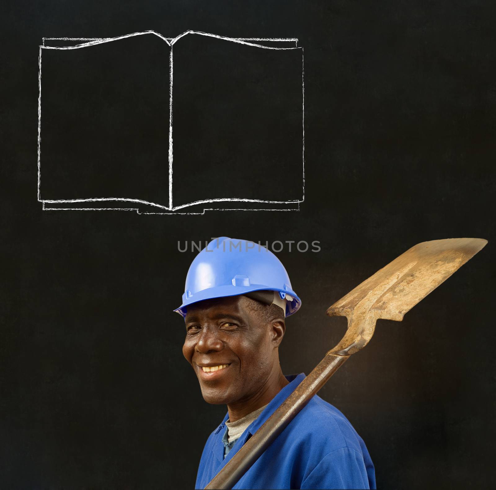 African American black man worker with chalk open book on a blackboard background