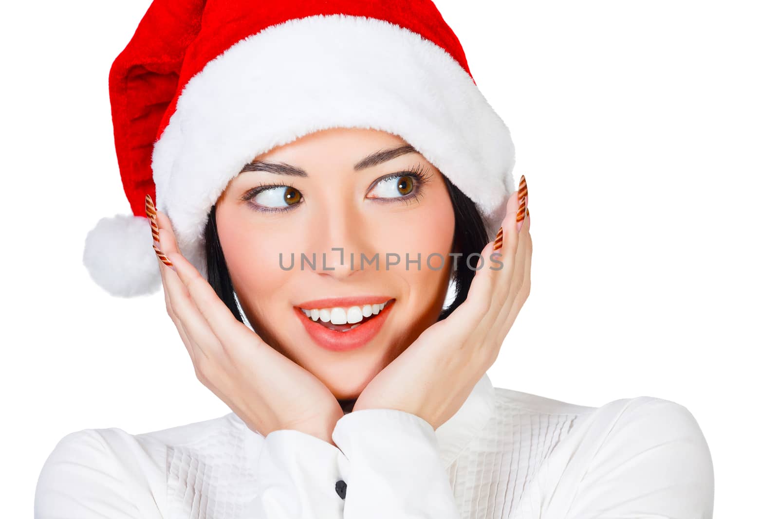 Woman with christmas hat, white background, copyspace