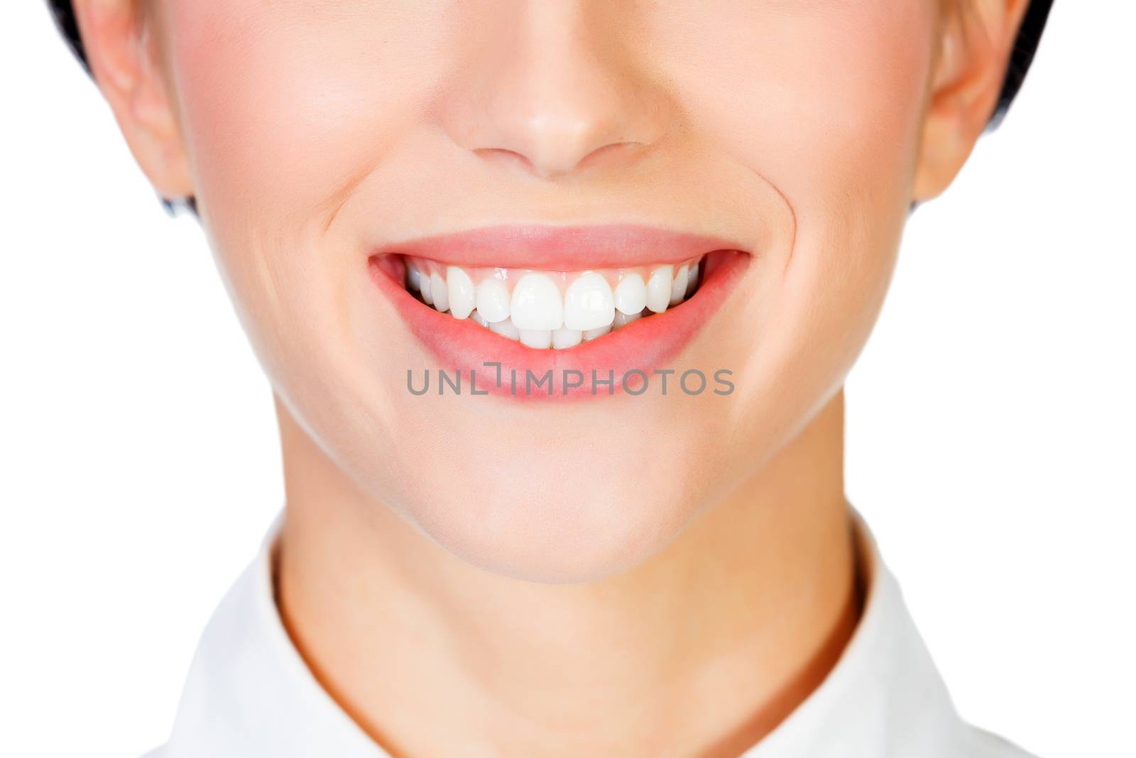 Woman smiling, white background, copyspace