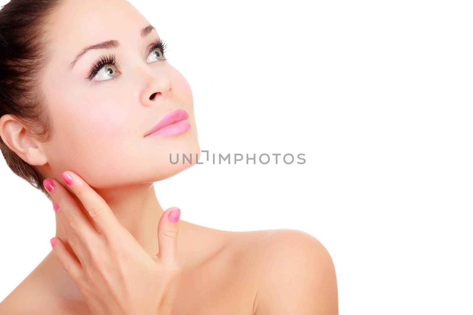 Beautiful girl with clean fresh skin, white background, copyspace