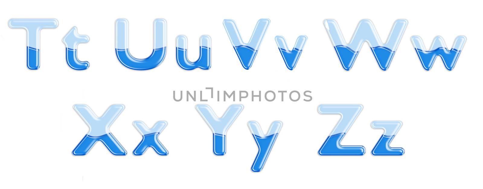 Set of glass letters half-full of blue liquid
