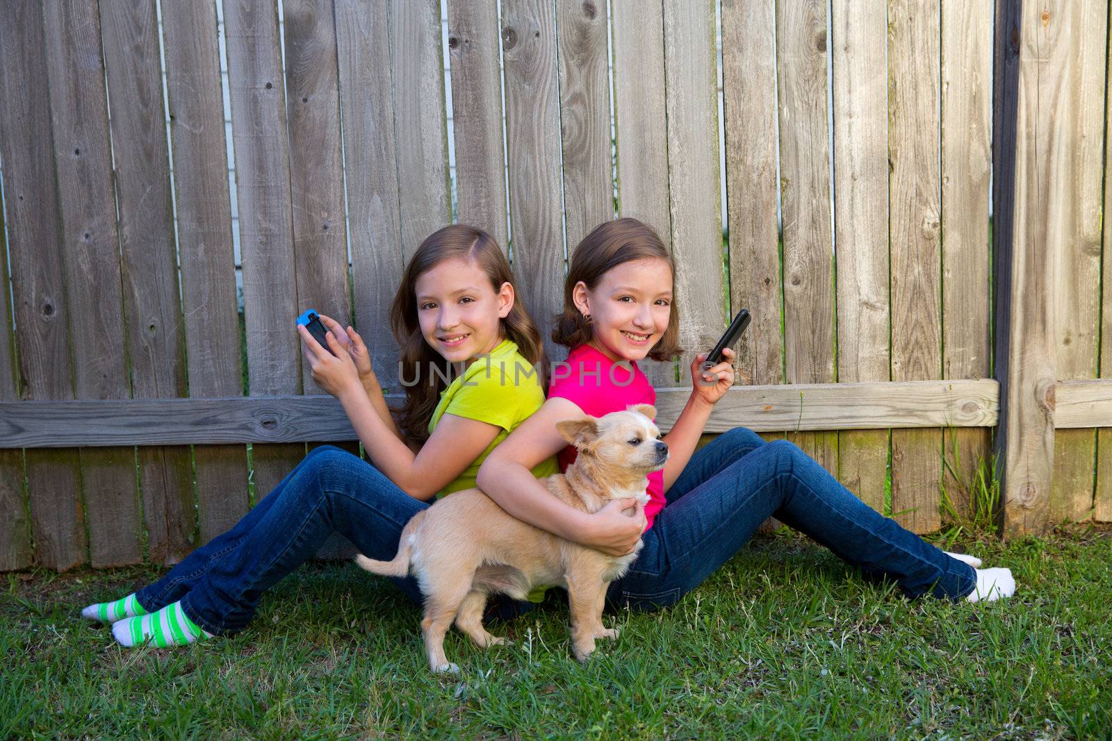 Twin sister girls playing with smartphone and chihuahua dog sitting on backyard