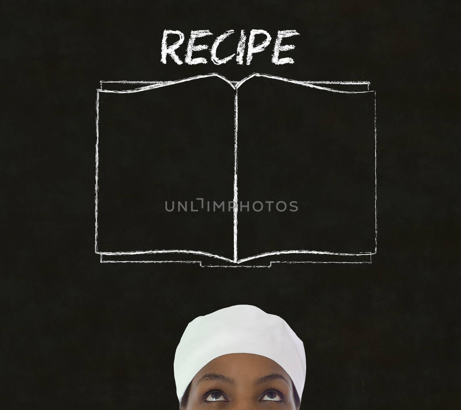 Chef with recipe book on chalk blackboard menu writing background