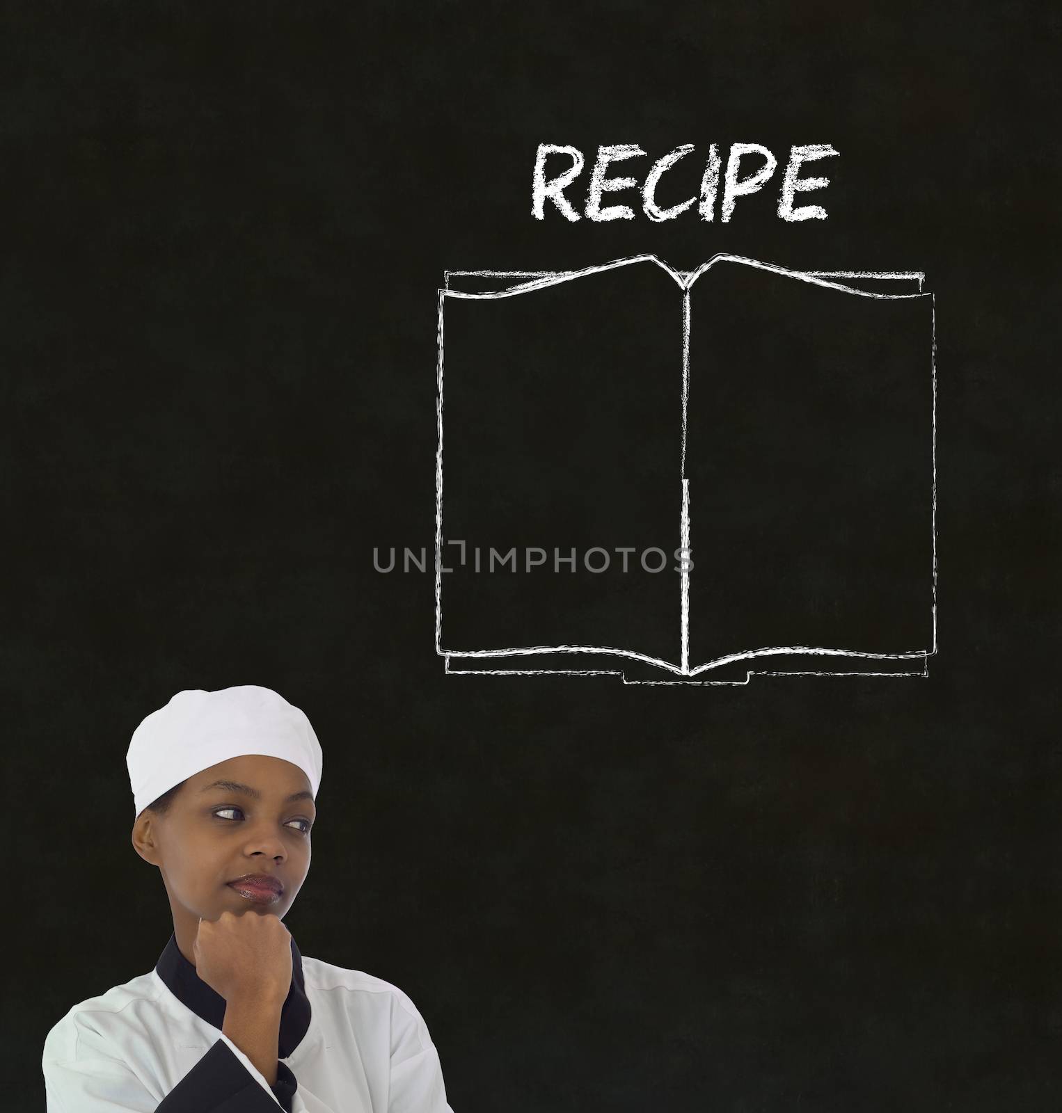 Chef with recipe book on chalk blackboard menu writing background