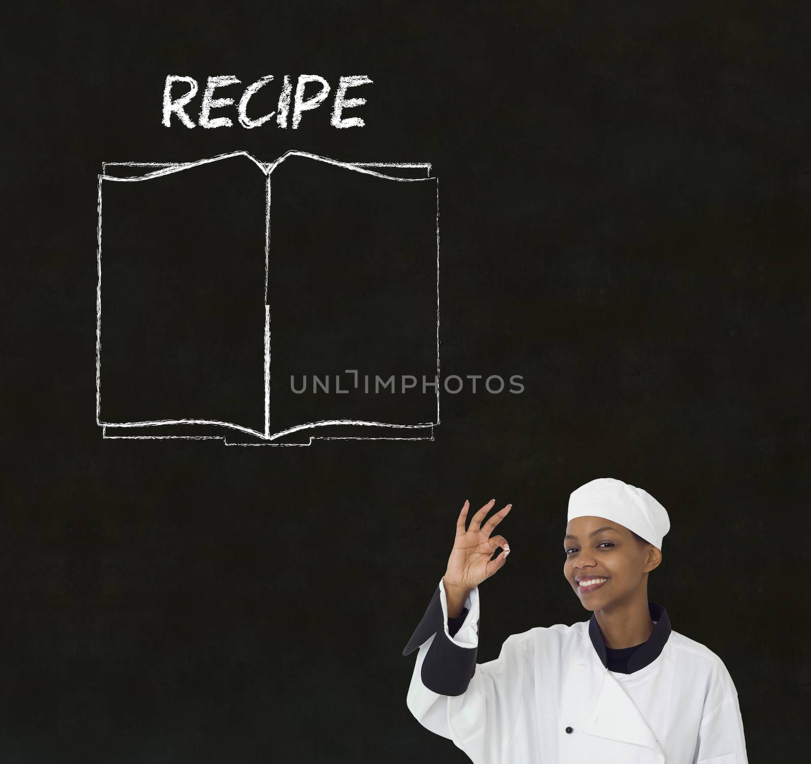 Chef with recipe book on chalk blackboard menu writing background