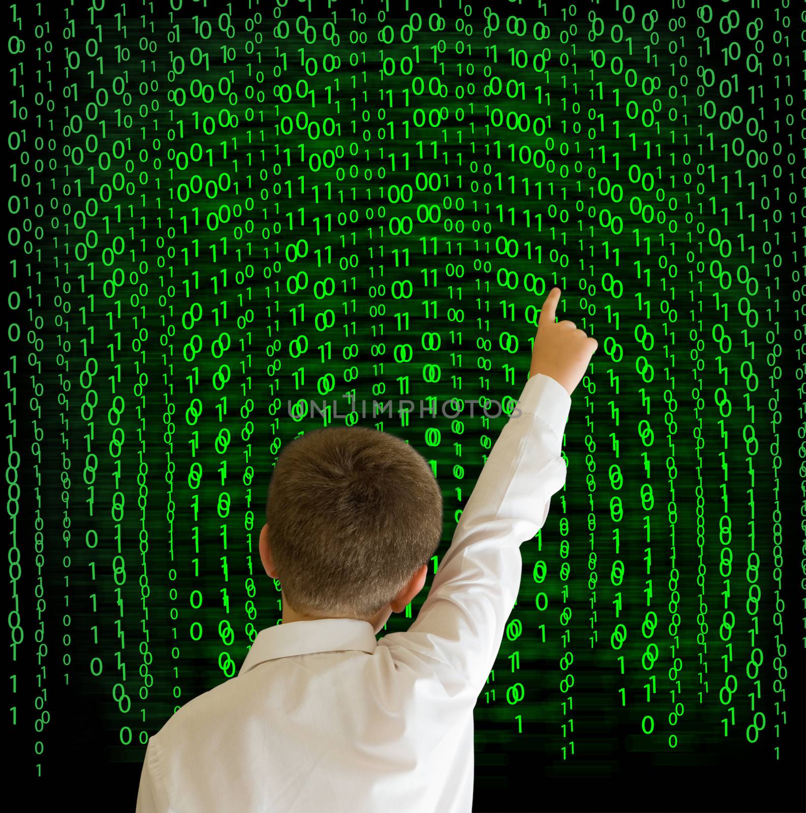 Boy, businessman student teacher with binary on background by alistaircotton