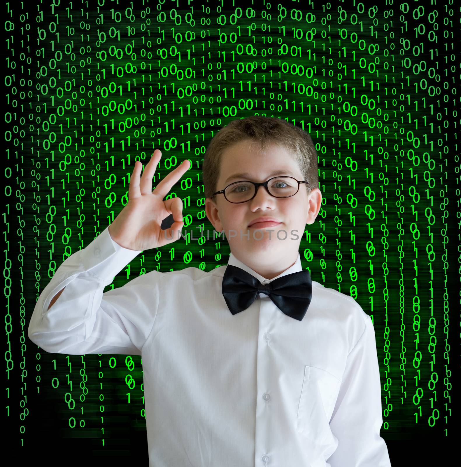 Boy, businessman student teacher with binary on background by alistaircotton