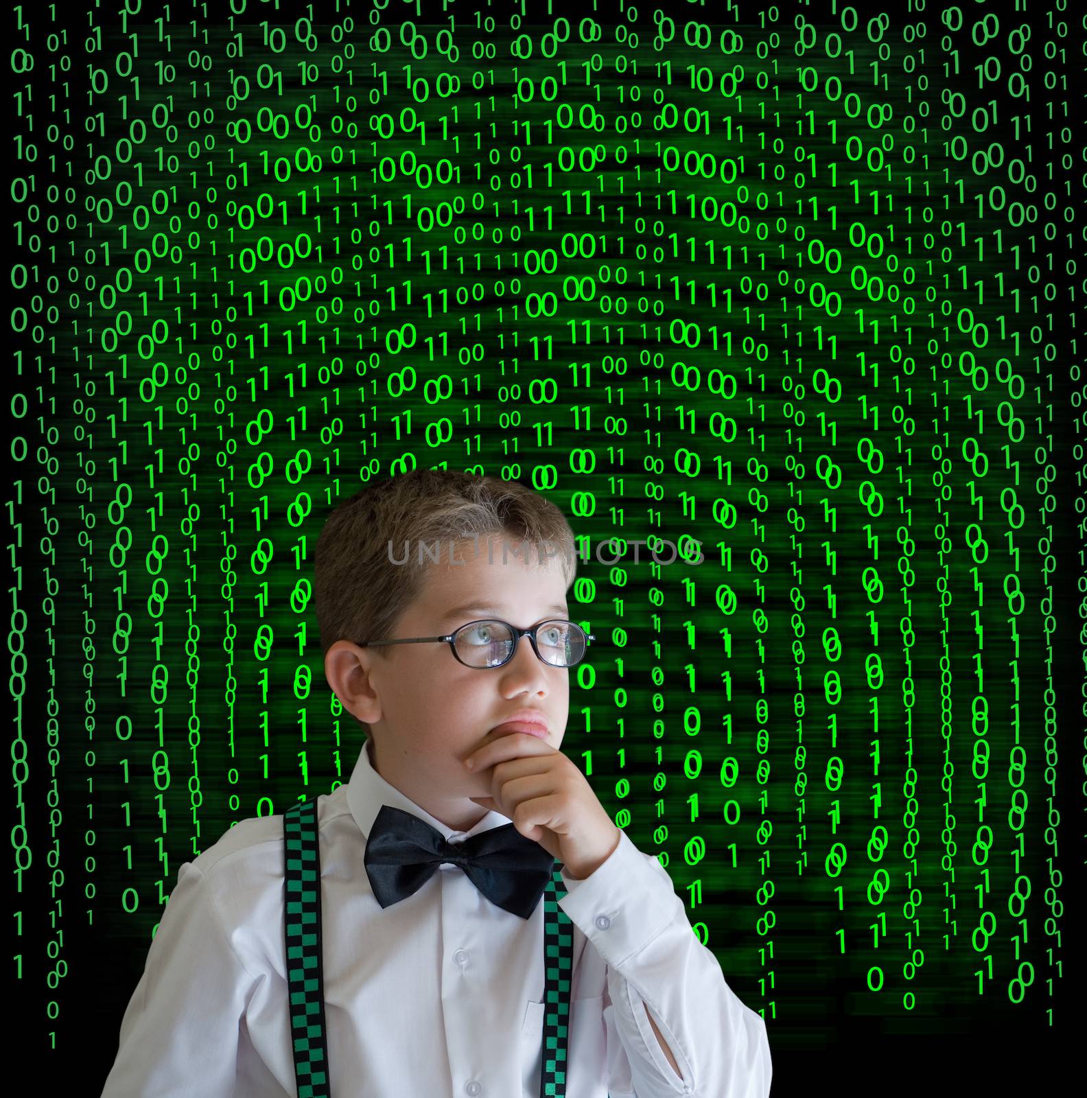 Boy, businessman student teacher with binary on background by alistaircotton
