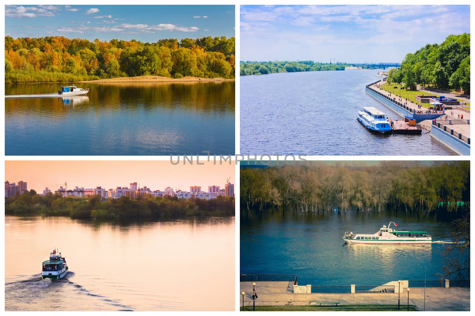 Passenger Cruise Ship On River. Set, Collage by ryhor