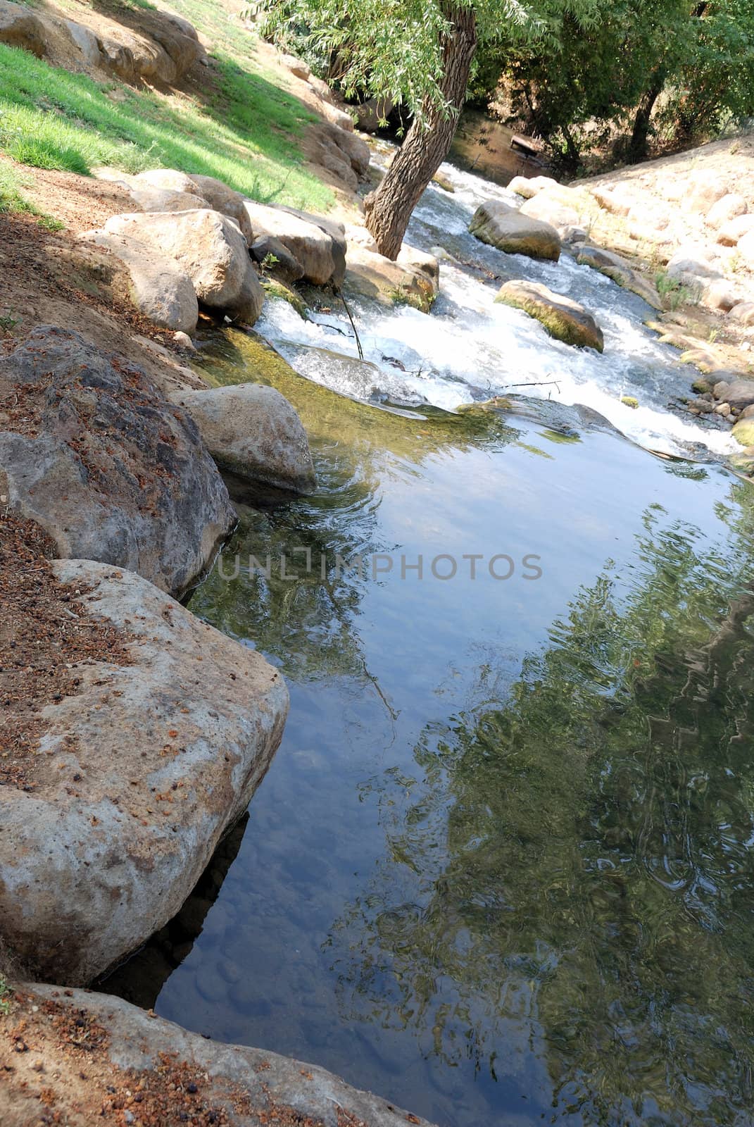 The small mountain river with waterfalls in the sunny day