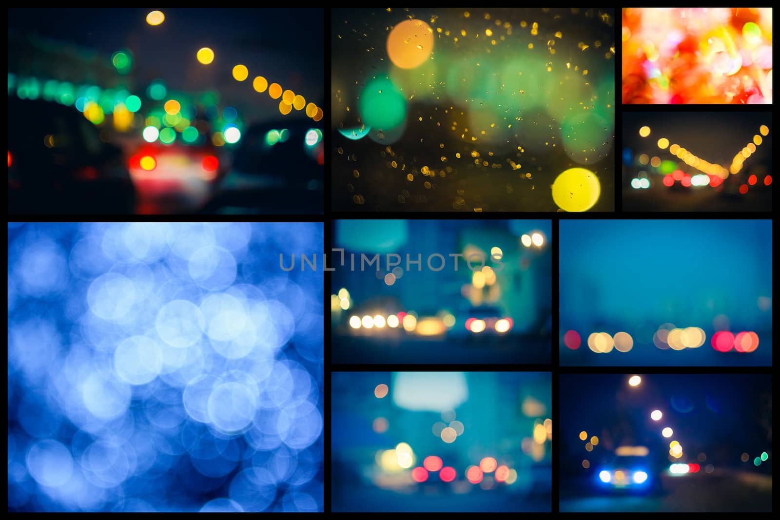 Photo Of Bokeh Lights. Street Lights Out Of Focus. Set, Collage.
