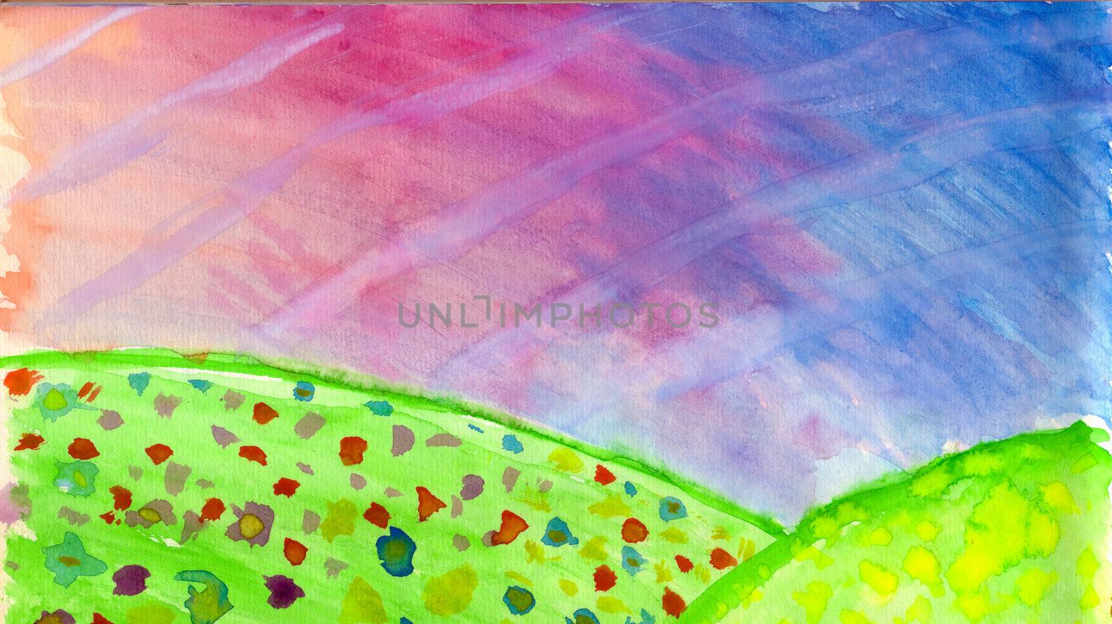 Hand Painted Bright Landscape On Watercolor Paper