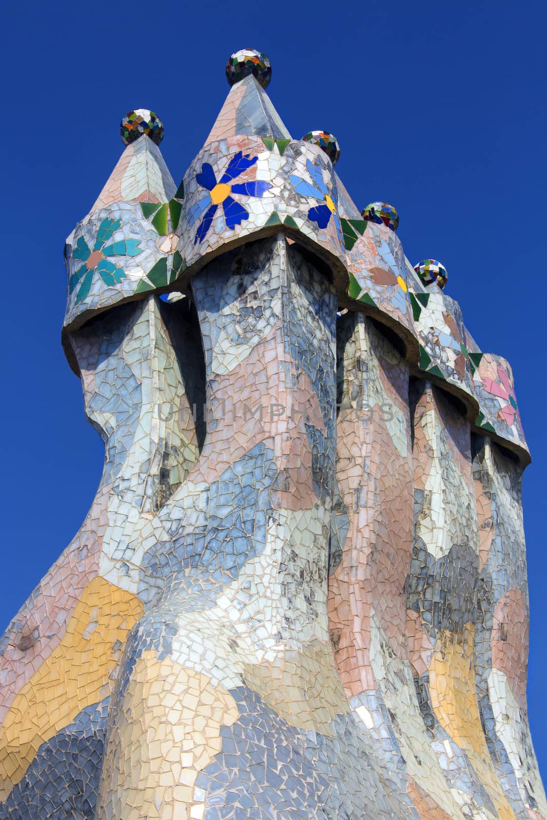 Gaudi chimney on the roof of Casa Batllo in the Eixample district of Barcelona in the Catalonia region of Spain.