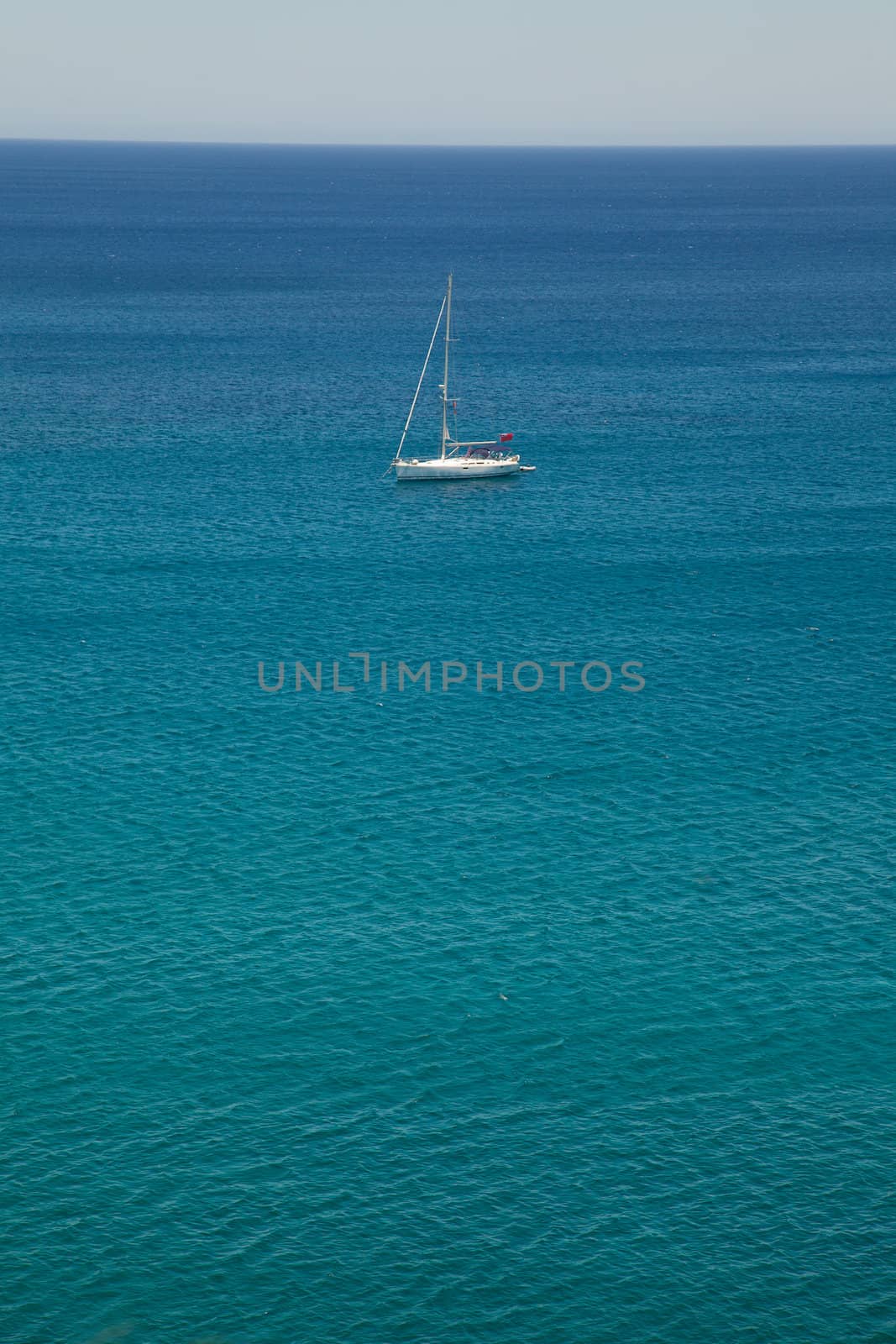 White sailing ship yacht in Mediterranean Sea, Crete island, Greece 