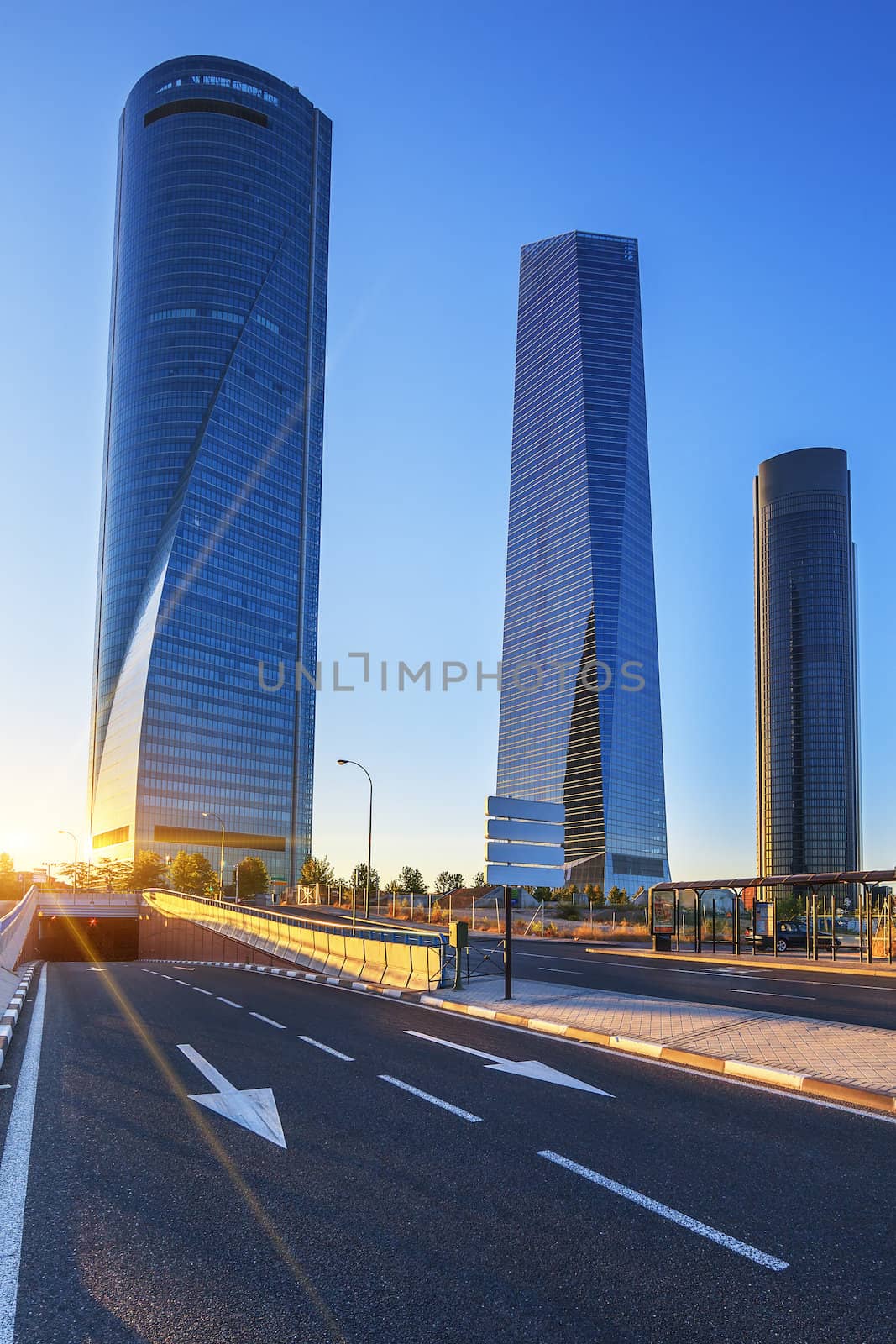 four modern skyscrapers at sunrise(Cuatro Torres) Madrid, Spain