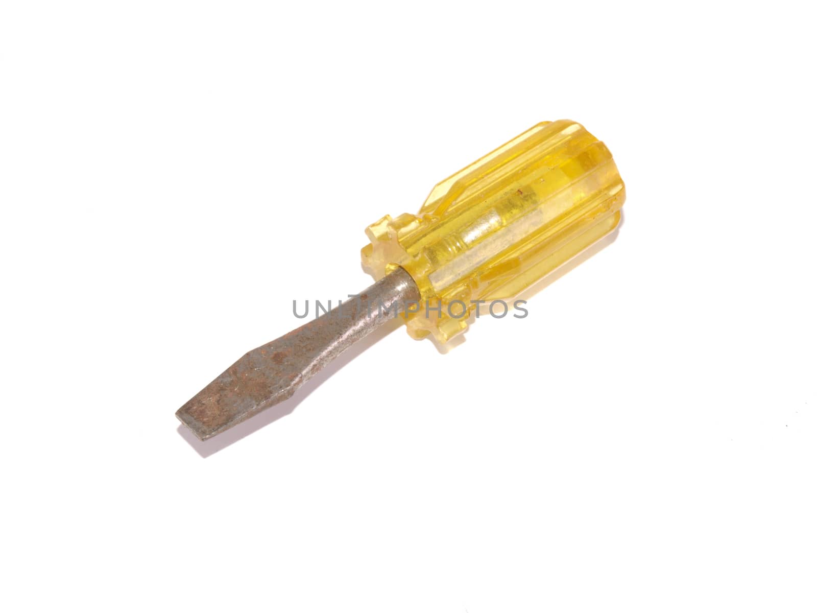 Yellow handeled screw driver on a white background.