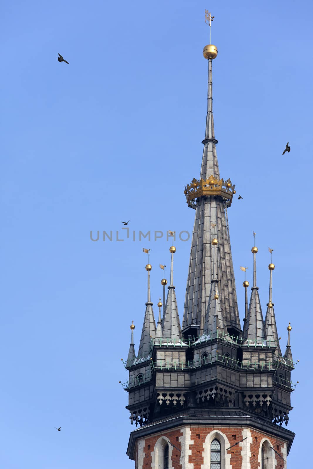 The fine medieval Gothic Bell Tower on the spire of the Church of St. Mary in the Market Square of the 'Old Town' in Krakow in Poland. Also known as the Church of the Assumption of the Virgin. 