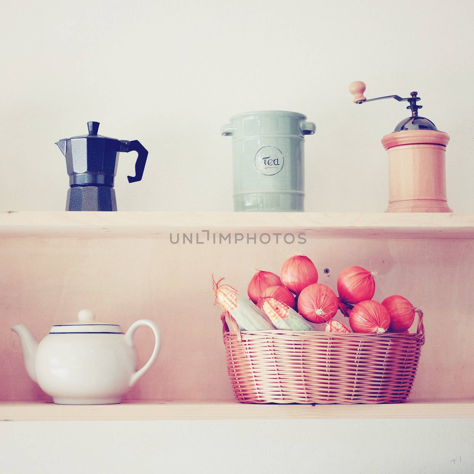 Tea and coffee equipment in kitchen with retro filter effect by nuchylee